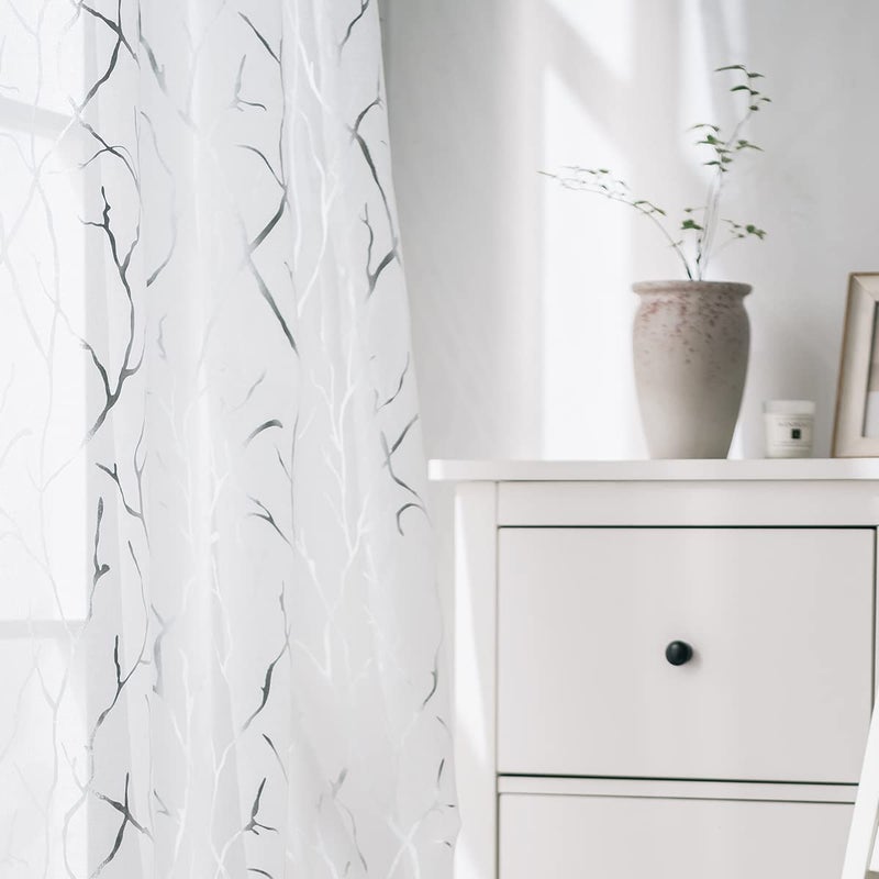Kotile Silver White Sheer Curtains 84 Inches Long - Printed Classy Silver Tree Branch Curtains for Bedroom Grommet Top Window Tree Curtains for Living Room, 52 x 84 Inch, 2 Panels, Silver and White - Image 4